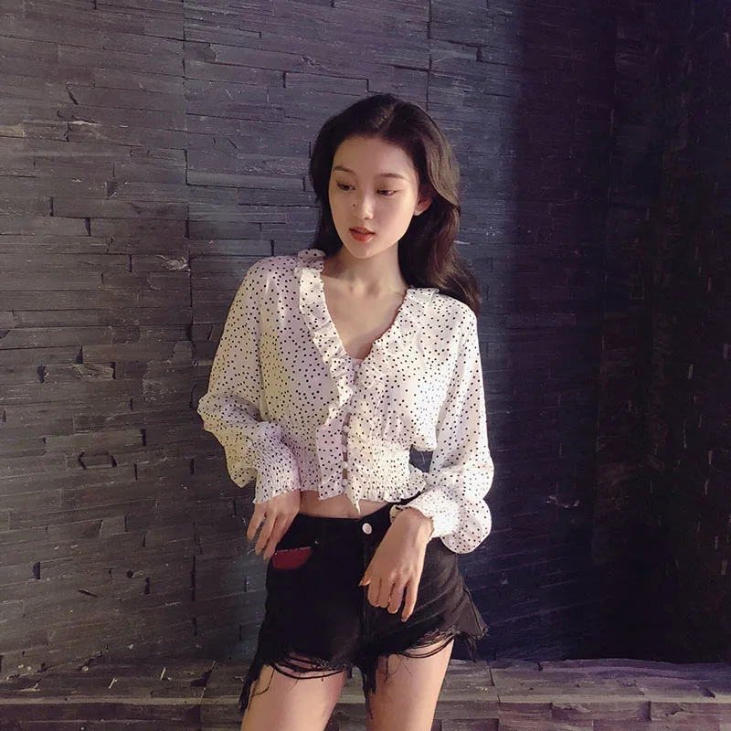 Autumn Long Sleeve Shirts Polka Dot V-neck White Blouse Sexy Pleated Navy Crop Top Female Fitness Casual Shirt Woman Clothes |