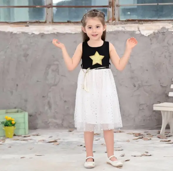 Summer shining gold silver pentacle star lacing mesh sleeveless vest baby girls princess chiffon dress kid children | Детская одежда и