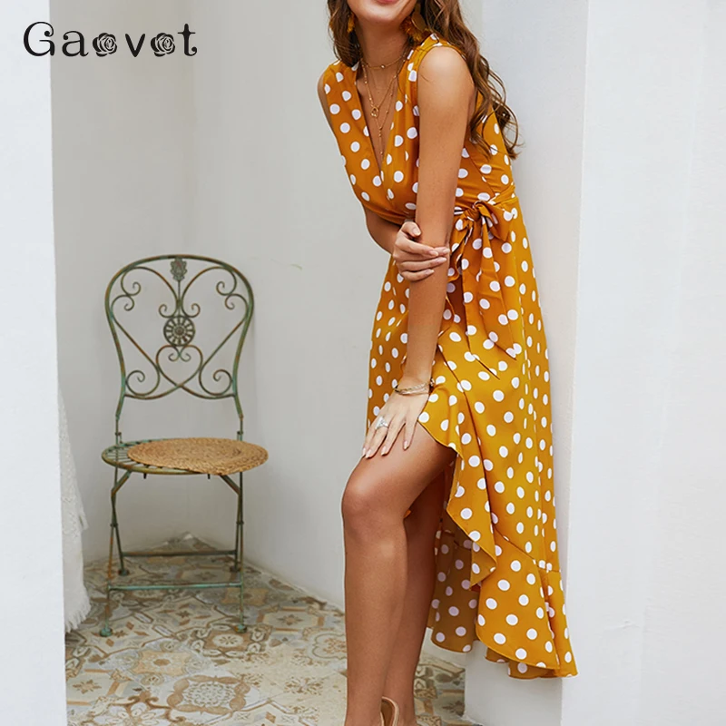 Gaovot 2019 Сексуальная рукавов горошек обёрточная бумага платье для женщин