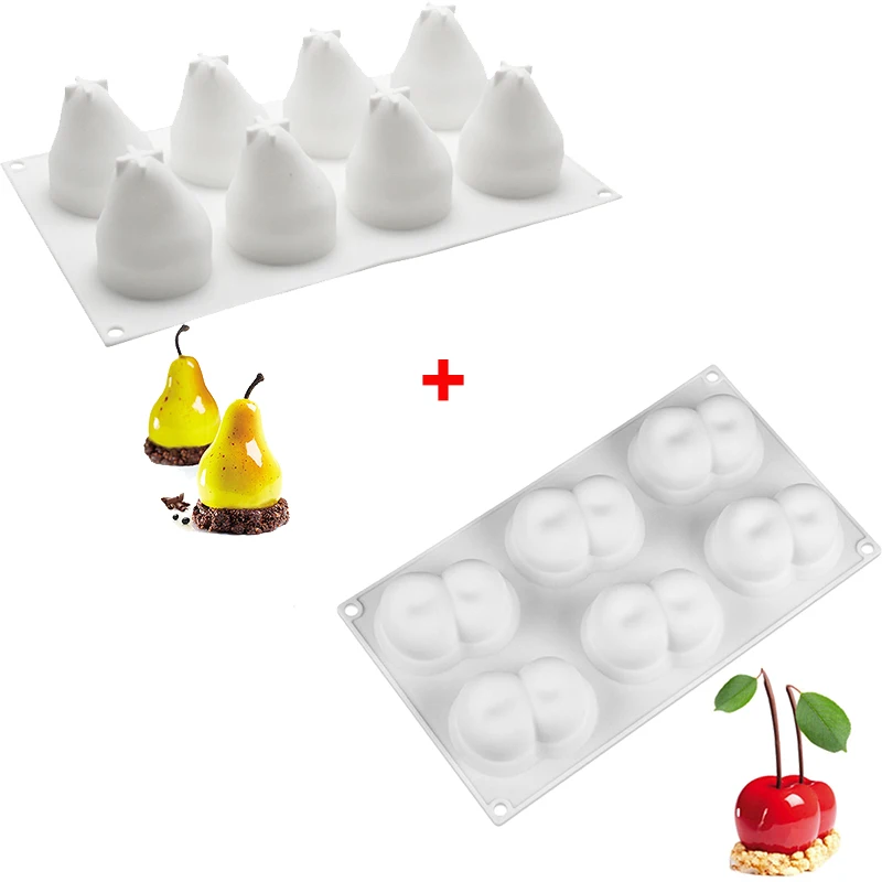 Pear and Cherry 3D силиконовая форма для торта в форме фруктов, форма для мусса, десерта, форма для яблока, лимона, груши, печенья, шоколада, формы для выпечки, сделай сам, противень для выпечки - Цвет: Pear and Cherry