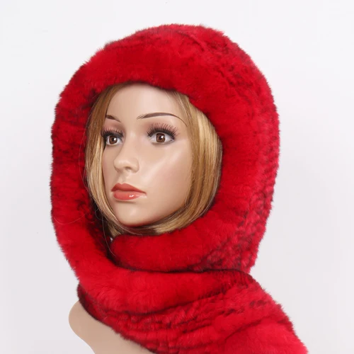 RED BLACK Новинка, Зимняя женская шапка из натурального меха+ шарфы, Женский вязаный натуральный мех кролика Рекс, шарфы с капюшоном, теплые вязаные шапки из натурального меха, шарф - Цвет: RED BLACK
