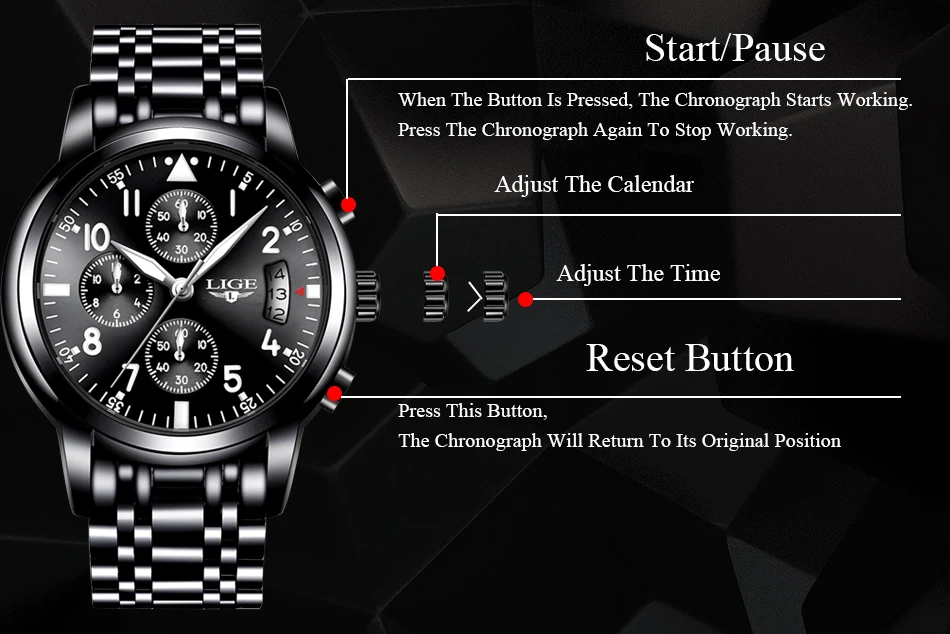 Mens Watches Top Brand Fashion Chronograph LIGE Black Quartz Watch Stainless Steel Automatic Date Watch Relogio Masculino