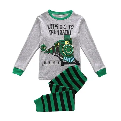 Cotton Toddler Pjs Пижама для мальчиков хлопка Pjs, Let's Go к поезд печати рубашка для малыша и полосатые штаны комплект одежды, детская пижама с длинными рукавами комплекты - Цвет: Cotton Toddler Pjs