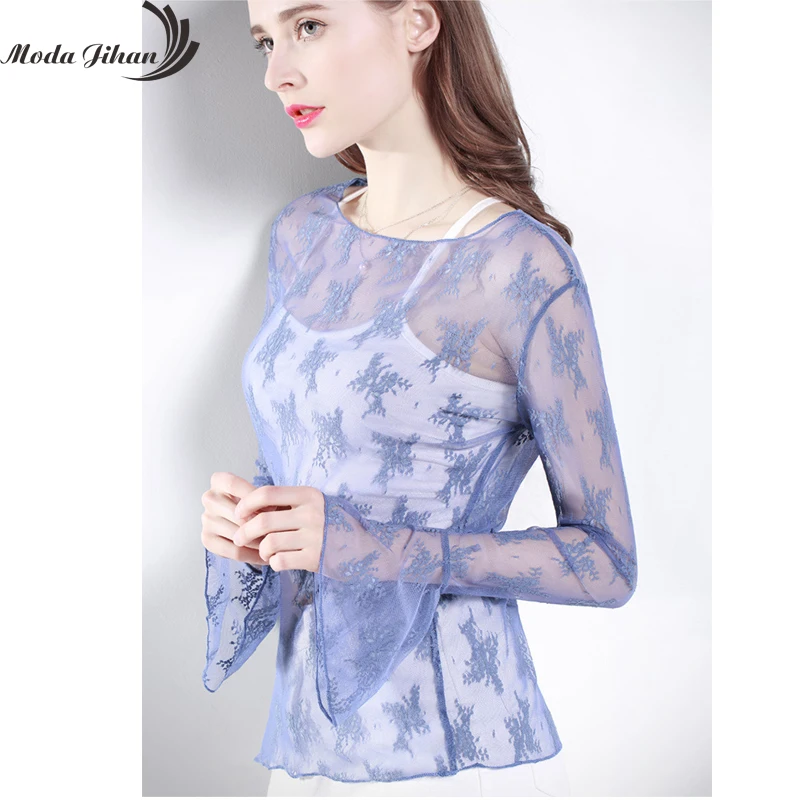 Женская кружевная рубашка Moda Jihan фиолетовая прозрачная Базовая Блузка с