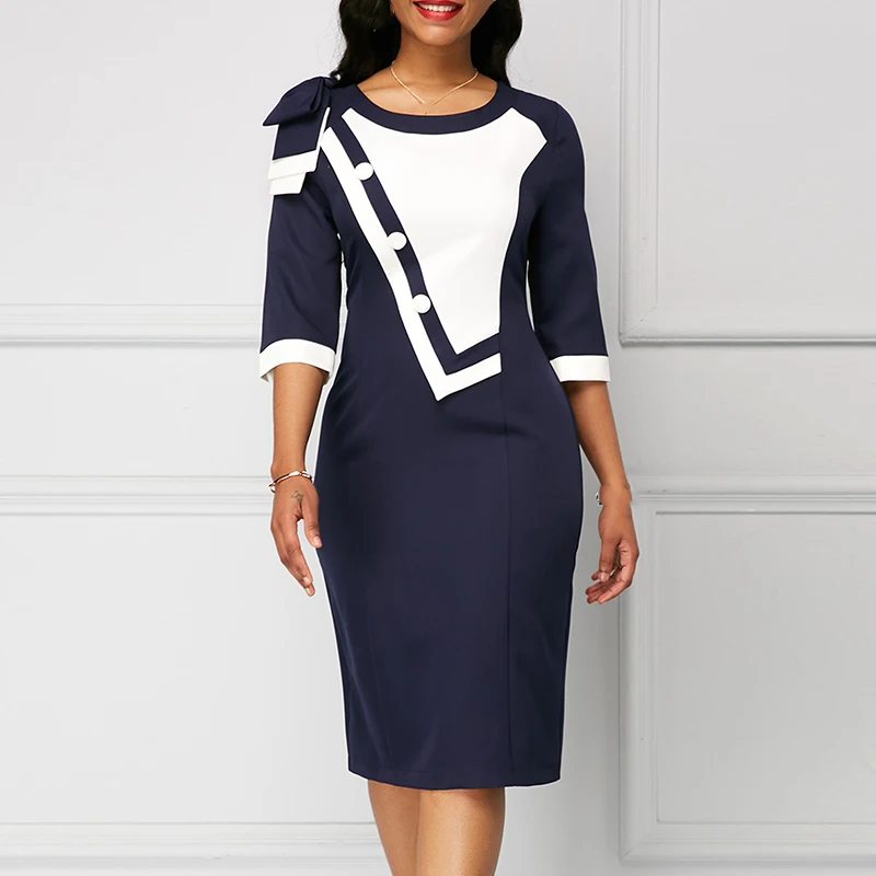 Женские контрастные цвета миди платье OL рабочая одежда Офис Вечерние платья
