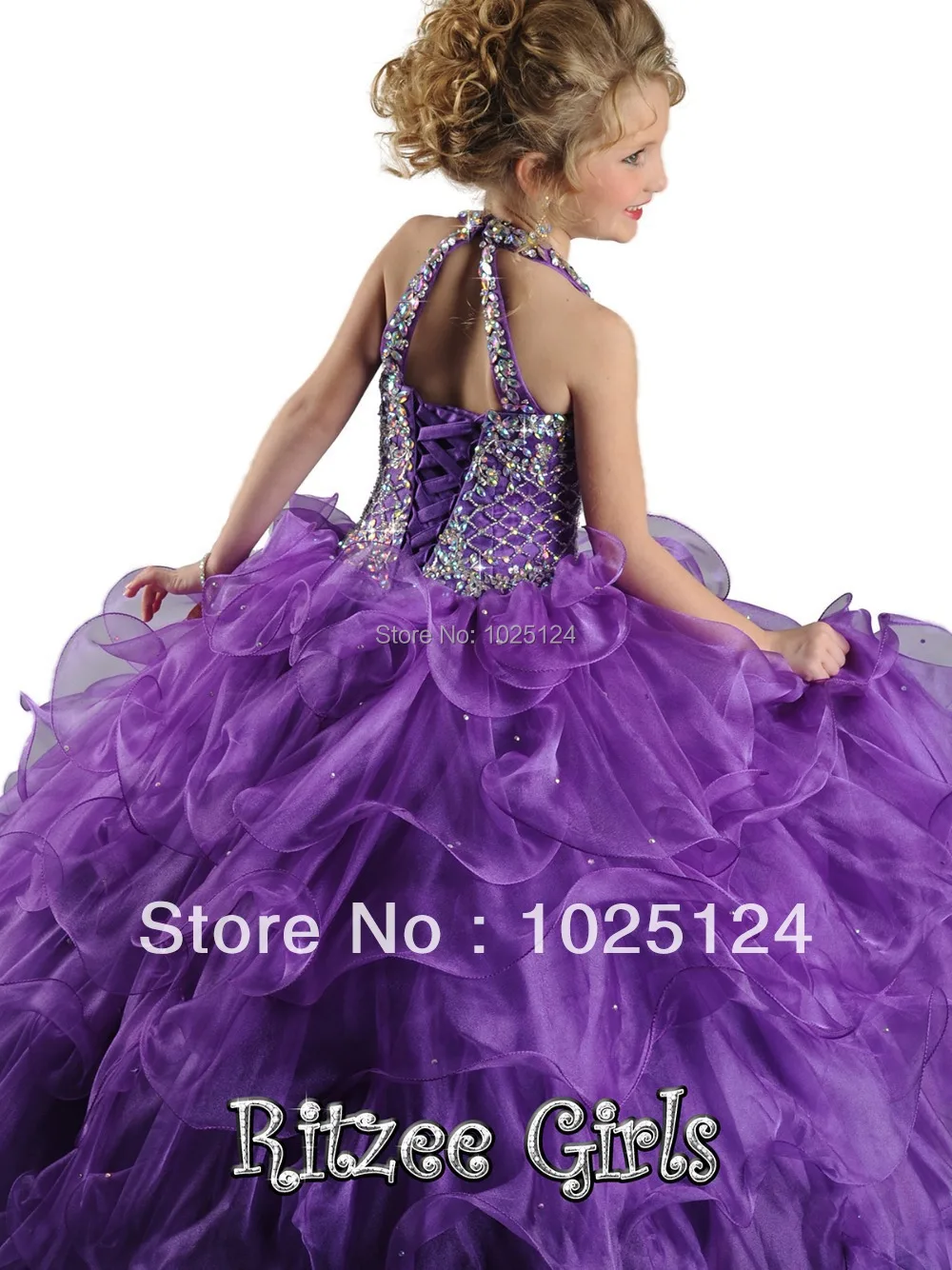 Free Shipping Custom Made New Ball Gown Halter Floor Length Purple Organza Beaded Tiered Girl Pageant Dresses 2015 | Свадьбы и