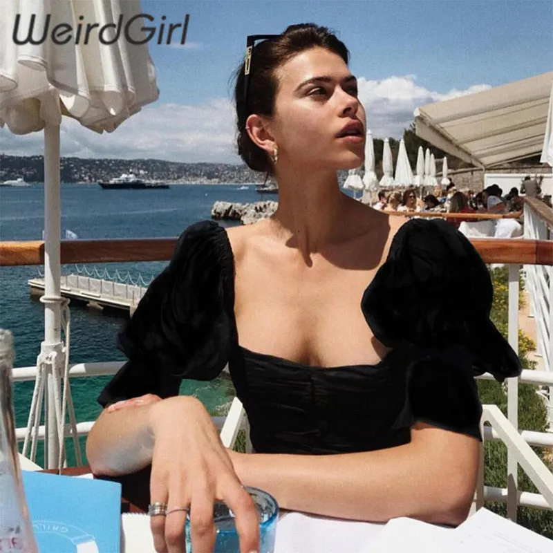 Weirdgirl, женские модные футболки, однотонные, белые, черные, квадратный вырез, новинка, летние женские футболки, кроп-топы, тонкие, повседневные, уличная одежда, Женский Топ