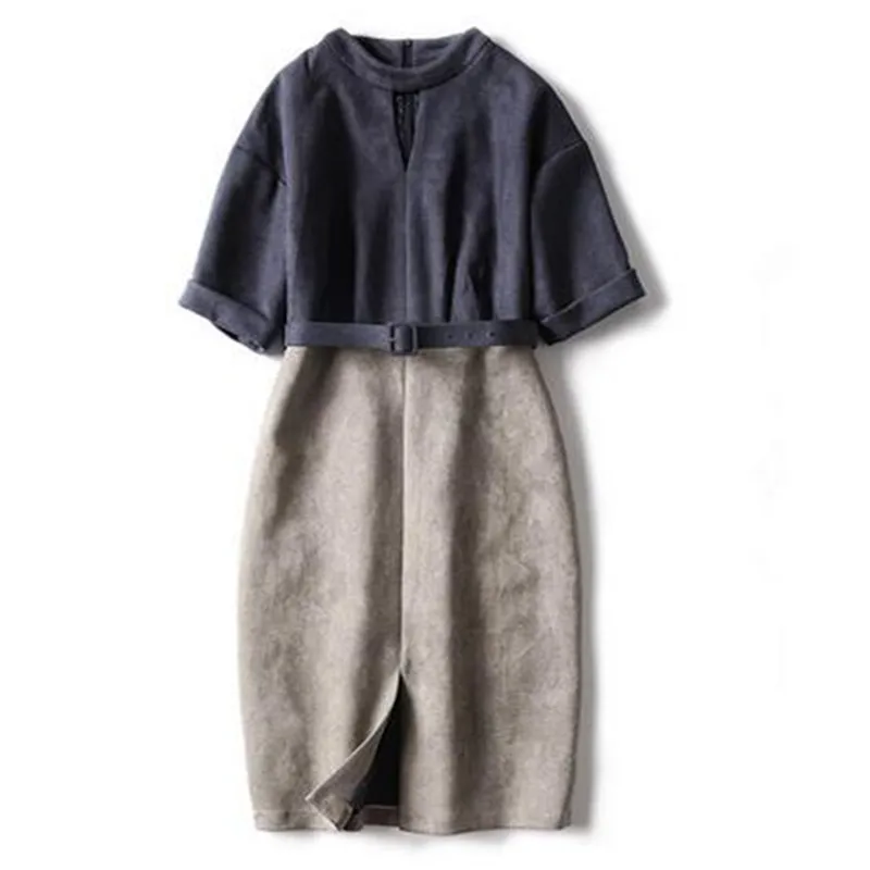 Осенне зимнее модное женское платье из замши 2017 Весна элегантное лоскутное