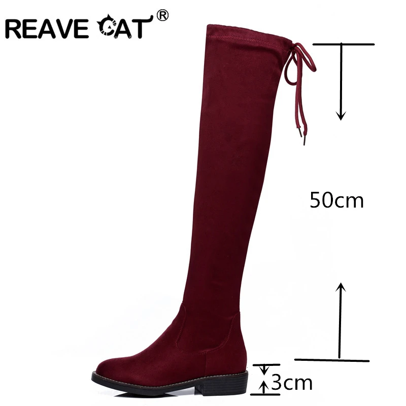 REAVE CAT/женские сапоги; Новинка; сезон осень-зима; женские сапоги на тонком Плоском Каблуке; Черные Сапоги выше колена; эластичная ткань; RL3554