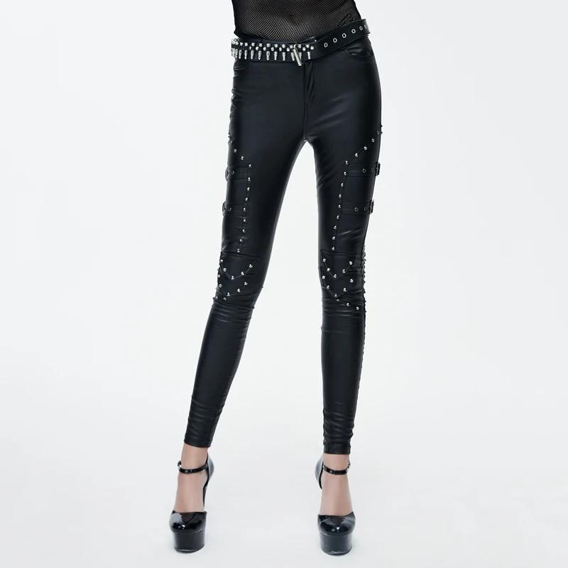 Devil Fashion Women Fashion PU Leather Trousers Steampunk Black Sexy Rivets Decorated Leggings Pants