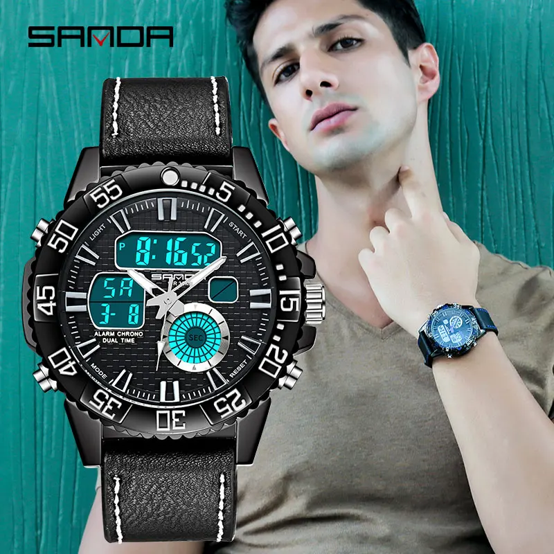 SANDA Роскошные Брендовые мужские Аналоговые Цифровые кожаные спортивные часы