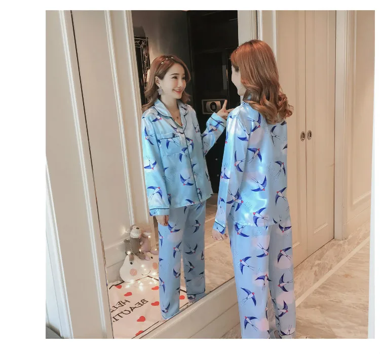 Шелковые пижамы с длинным рукавом, зимние женские пижамные комплекты, атласная пижама, одежда для сна, пижамы с мультяшным медведем, полосатая пижама с принтом, комплект ночного белья