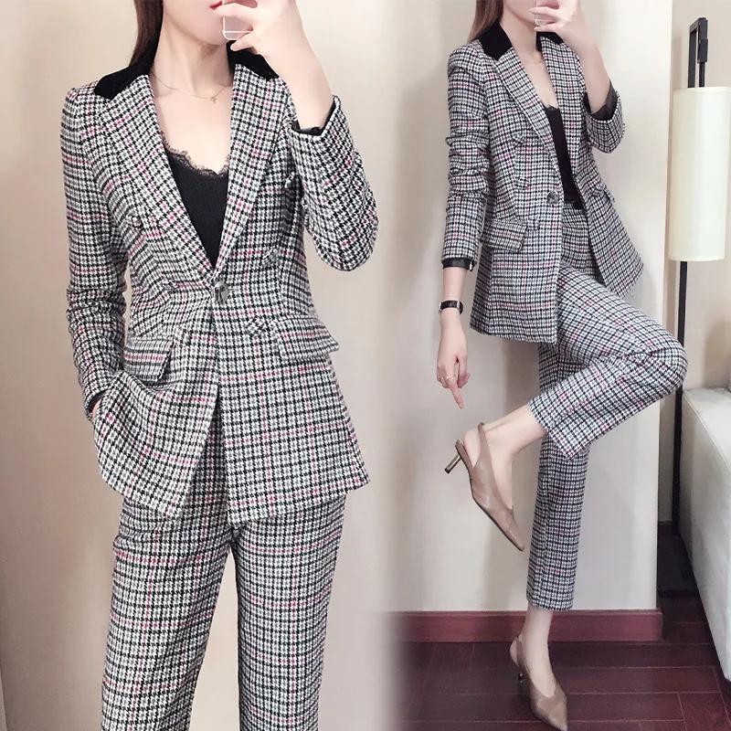 New 2019 Womens Two Piece Sets Tweed Set Lattice Outfit Plus Size Korean Version of Temperament Slim Thin Suit | Женская одежда