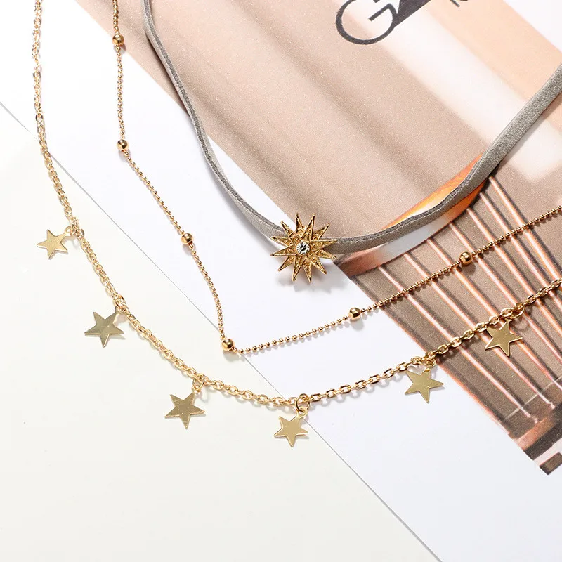 

Trendy Jewelry Multi Layer Cute Star Pendant Necklace For Women Beading Metal Ball Rope Gold Color Choker Wedding Gift