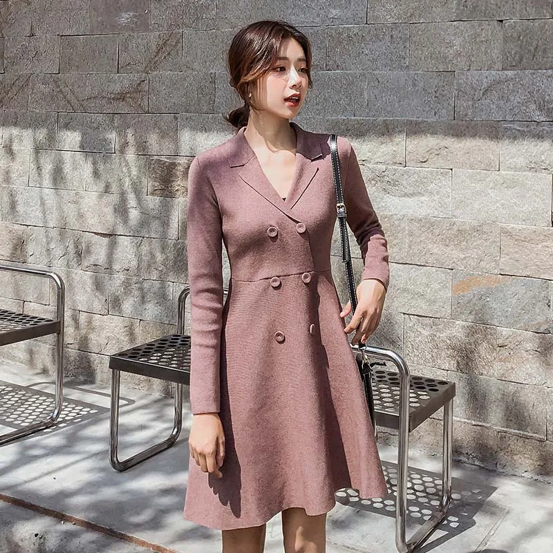 2018 Autumn Winter Women Knitting Sweater Dress thick Long Sleeve Double-Breasted Military Formal Black Swing Vestidos | Женская одежда