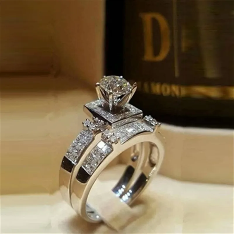 YWOSPX 2PCS Luxury Zircon Crystal Ring Silver Color Rings Set for Women Jewelry Wedding Engagement Anel Statement Anillos Bijoux | Украшения