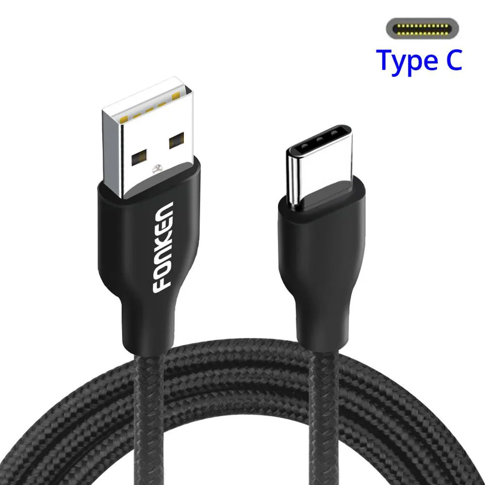 FONKEN 2.4A нейлоновый кабель type-C быстрое зарядное устройство type C Кабели для телефонов Быстрая зарядка шнур для передачи данных USB для huawei samsung htc SONY USB C - Цвет: 1m Black USB C Cable