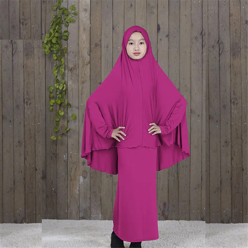 Традиционная одежда для девочек; abaya Hijab; комплект из двух предметов; мусульманская одежда для молитвы; детская однотонная свободная одежда; большие размеры; abaya s D828 - Цвет: Rose