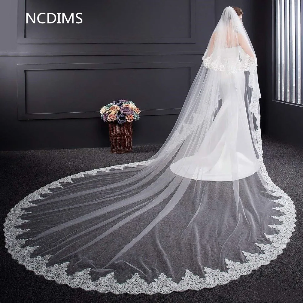 

2019 Wedding Veils Lace Appliqued Cathedral Length Bridal Veils with Comb Real Pictures Custom Made Two Layers Wedding Veil