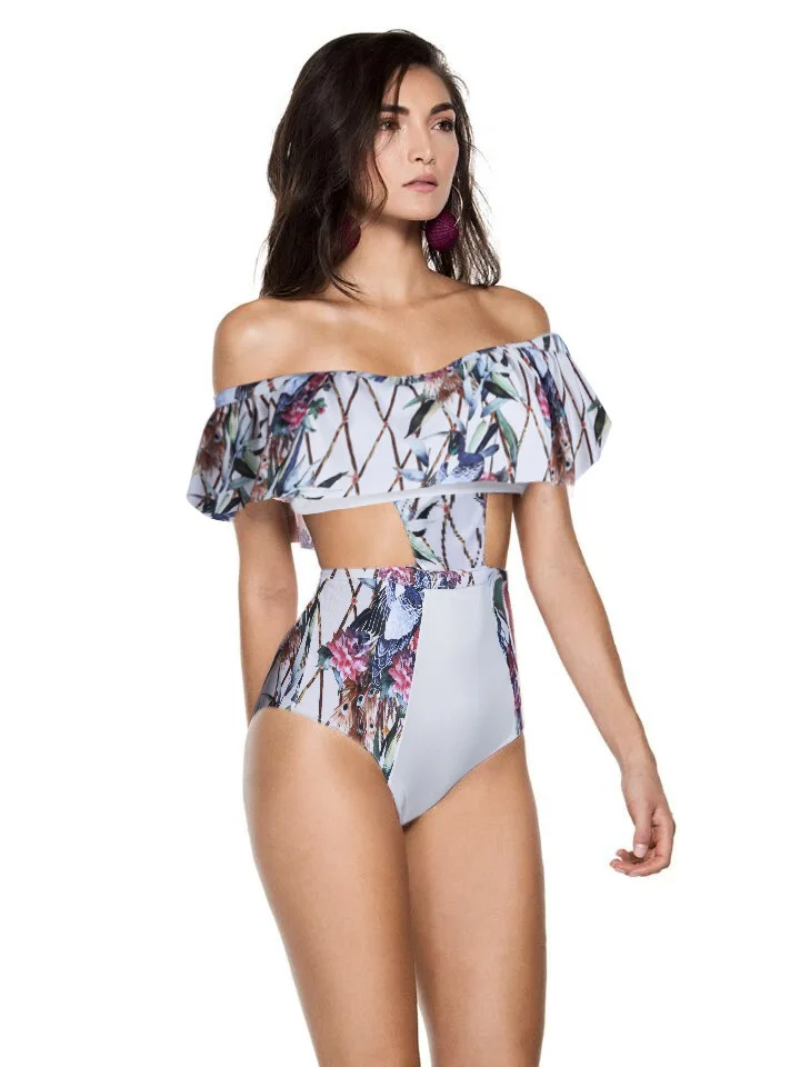 2018 Women Bikini One Piece Swimsuit Off Shoulder Prints Pink Print Floral Swimwear Low Neck Beach Suit High Waist Chic | Спорт и