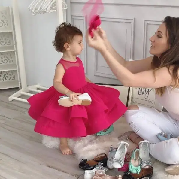 Puffy fuchsia flower girl dress for evening prom party ball gown knee-length baby layered tulle birthday with headpiece | Детская одежда
