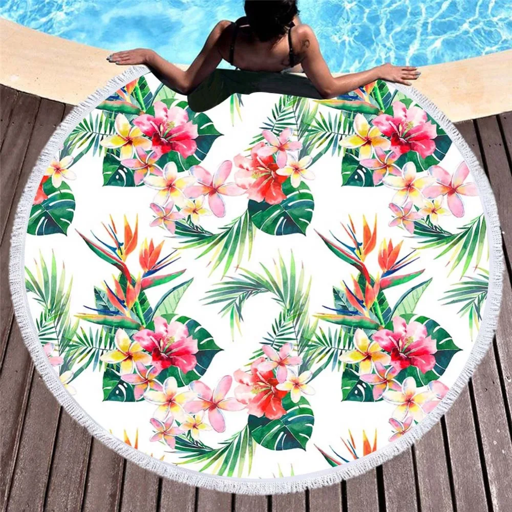 

Free shipping Holiday Gift Tropical Flower Monstera Palm Leaves Toucan Flamingo Bird Fringed Large Round Beach Towel 150cm