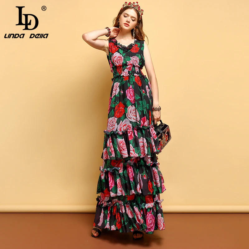 Женское платье макси LD LINDA DELLA винтажное длинное с эластичной талией и