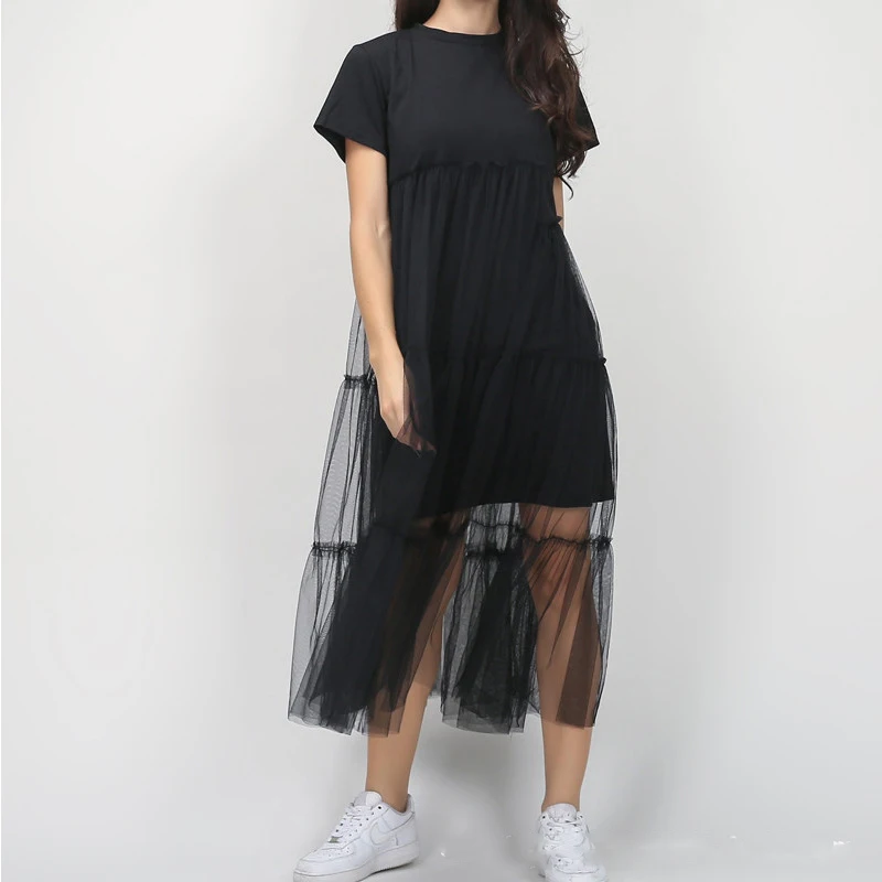 Korea 2018 Summer Women Mesh Patchwork Loose Casual Mid-calf Dress Female Vestido | Женская одежда
