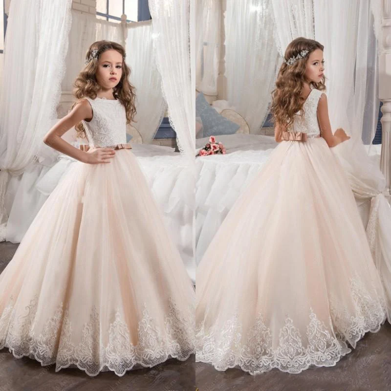 Champagne Flower Girl Dress 2017 ball gown Tulle  Beaded Kid Evening Gown Pageant Dresses for Little Girls vestido daminha