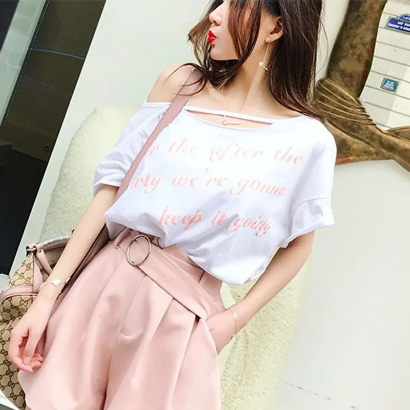 2019 New Woman One-necked Strapless Shoulder Short-Sleeved cotton hollow out Letter Print White T Shirt korean preppy style | Женская