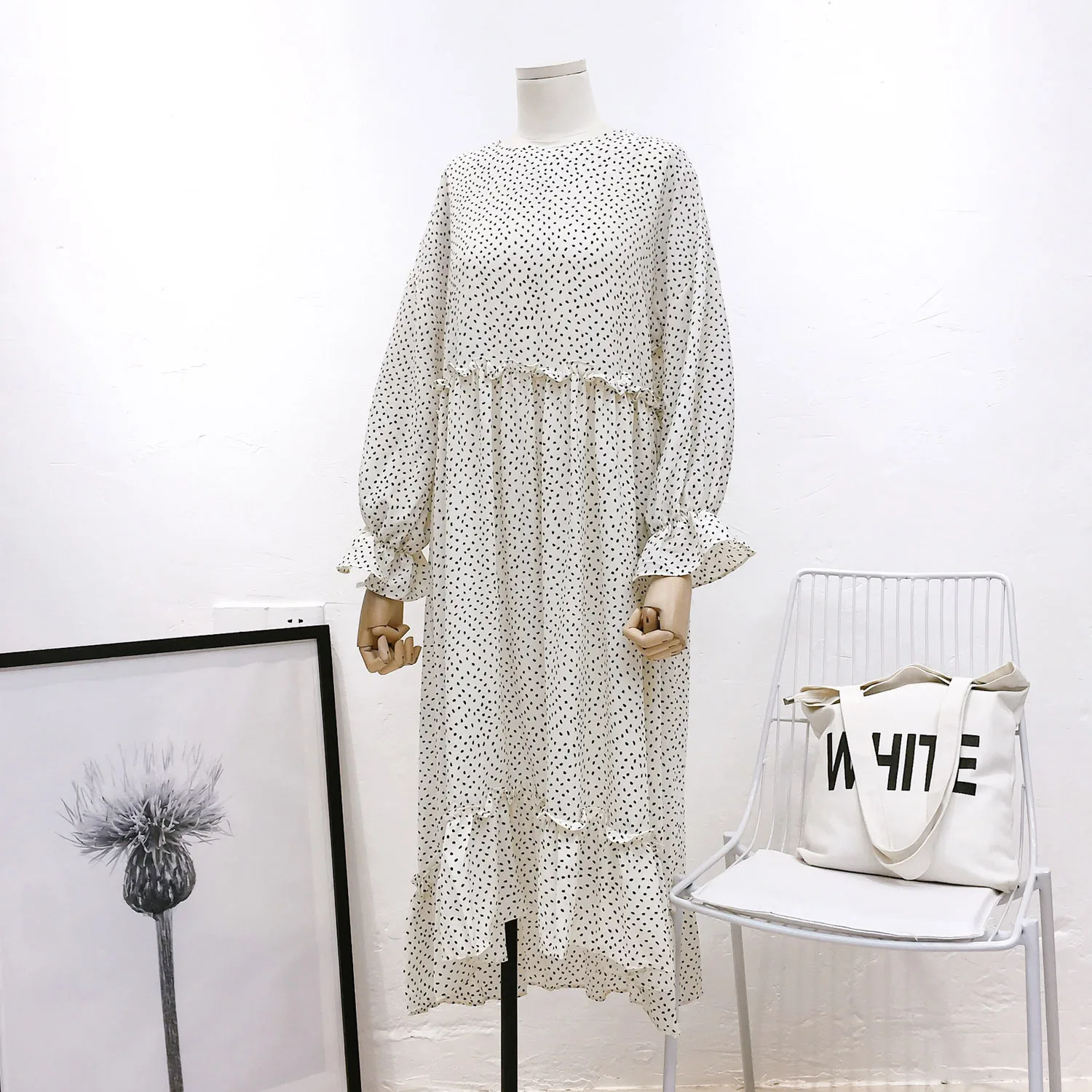 Женская Мода Vestidos повседневное негабаритных платье в горошек с длинным рукавом