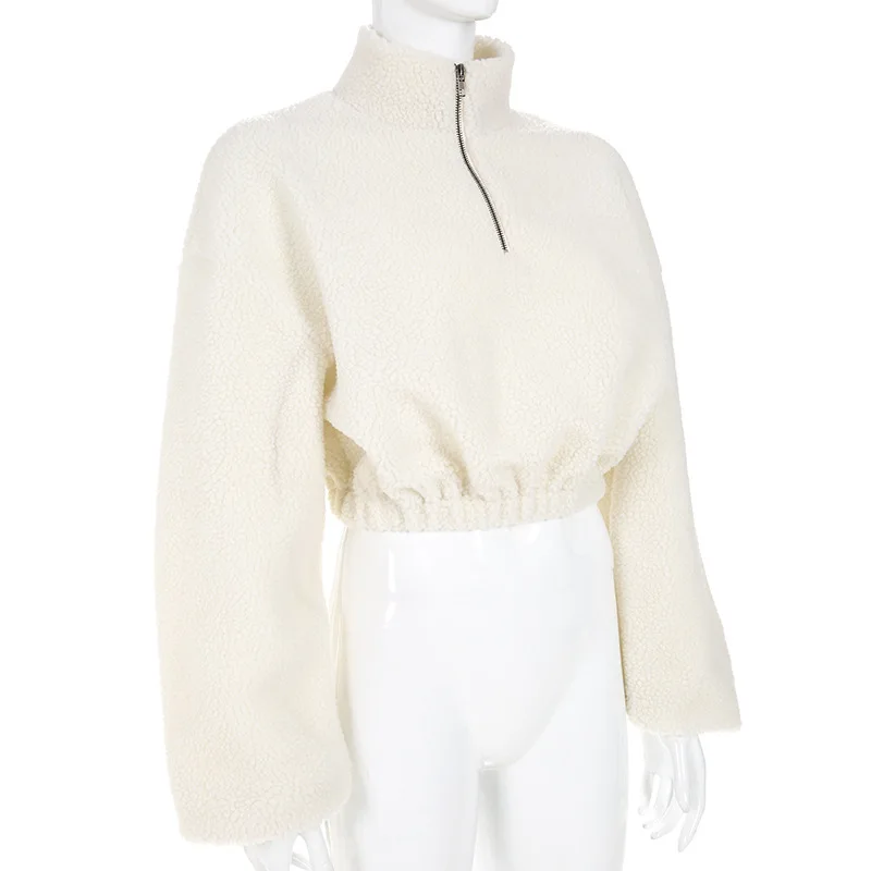 Сексуальные женские овечья шерсть теплые пуловеры на молнии с отложным воротником толстовки пупка голой Обрезанные Топы с длинным рукавом Свободные повседневные толстовки