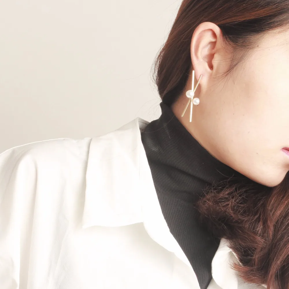Direct Sale 2018 Korean Temperament Simple Copper Genuine Gold Pearl Asymmetric Kolczyki Kupe Joyas Jewellery scissor Jewelry | Украшения и