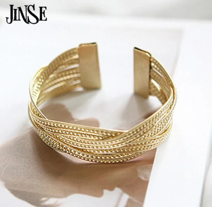 

JINSE BGL007 Hot Sale Fashion Women Knitted Twisted Metal Rattan Bracelets & Bangles Femininas Alloy Wide Big Bangles For Women