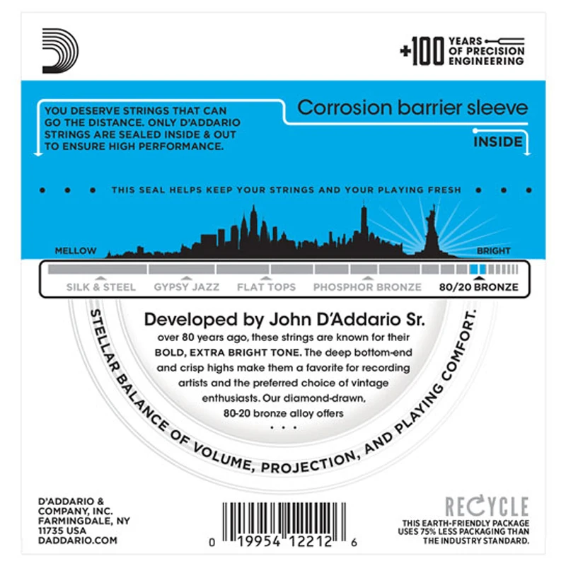 D'Addario EJ11 американский Сделано 80/20 бронзовые для акустической гитары струны, светильник, 12-53