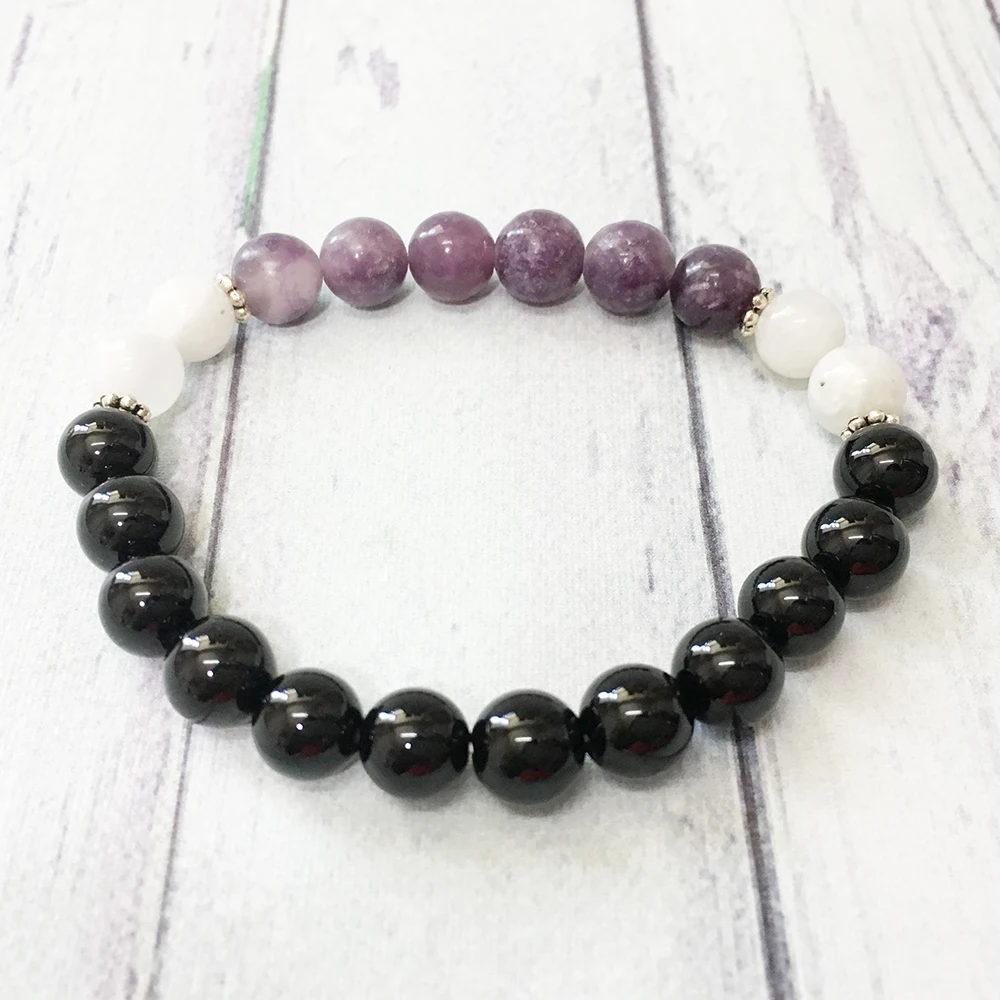 MG0507 8 мм Lepidolite сердце чакра Мала Браслет высококачественный лунный камень женский браслет натуральный черный оникс ювелирные изделия оптом