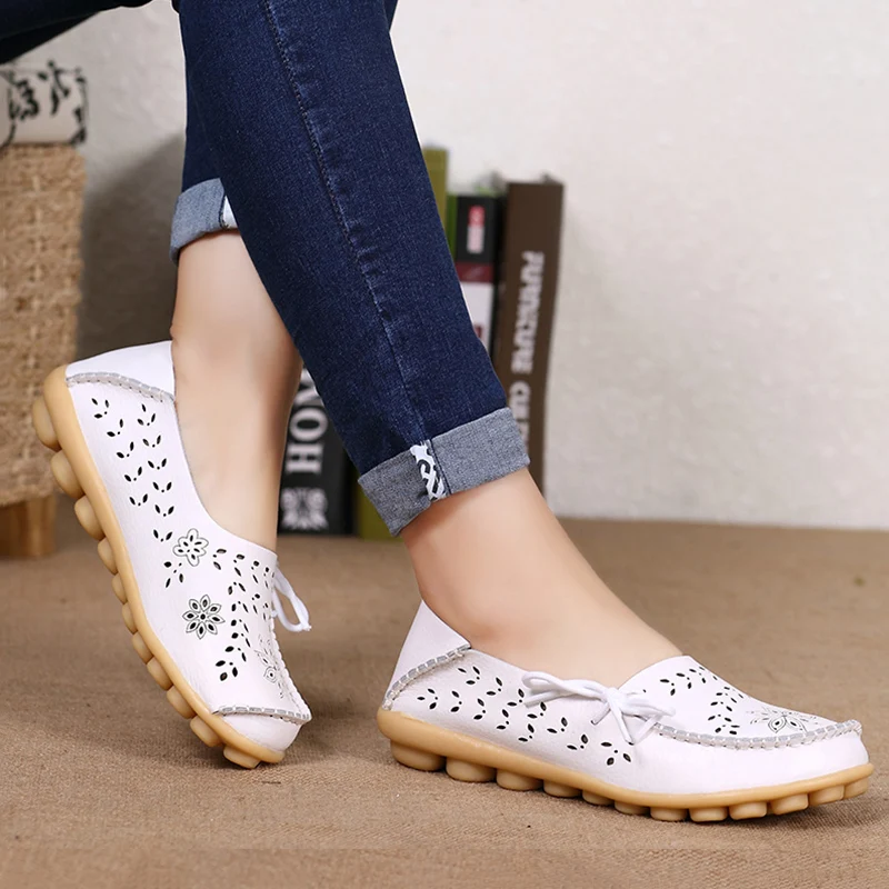 White Flats Women Genuine Leather Shoes Woman Autumn Flat Shoes Women Loafers Slip On Moccasins Sapatos Feminino Casual Shoes - Color: White