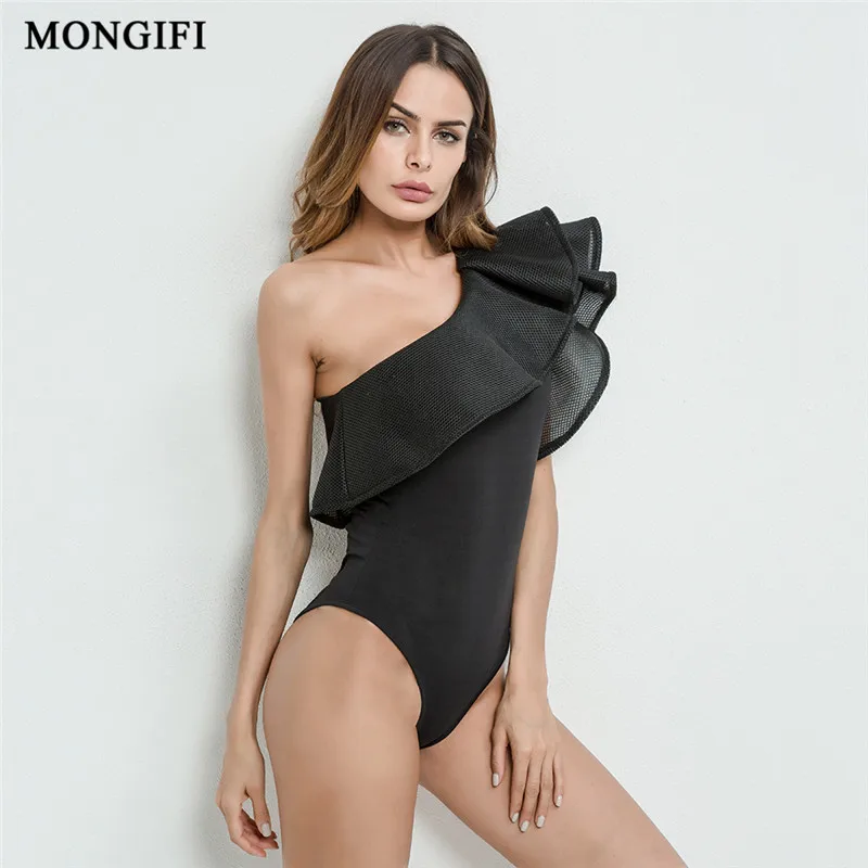 MONGIFI рюшами листьев Комбинезоны Sexy Club с открытыми плечами Черный боди Для женщин