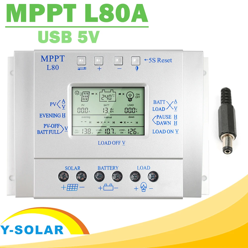 Y-SOLAR MPPT 80A контроллер солнечной зарядки 12 В 24 В Регулятор солнечной энергии 80A для макс. 48 В вход с светильник и таймером управления USB 5 В выход