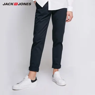 JackJones мужские хлопковые брюки эластичная ткань комфорт дышащий бизнес Смарт повседневные брюки Slim Fit Брюки Мужская одежда | 218314502 - Цвет: MIDNIGHT