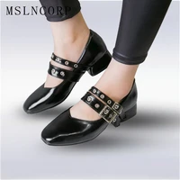 plus size 34 48 women black mary jane shoes sexy patent leather square toe buckles punk shoes woman new zapatos mujer loafers