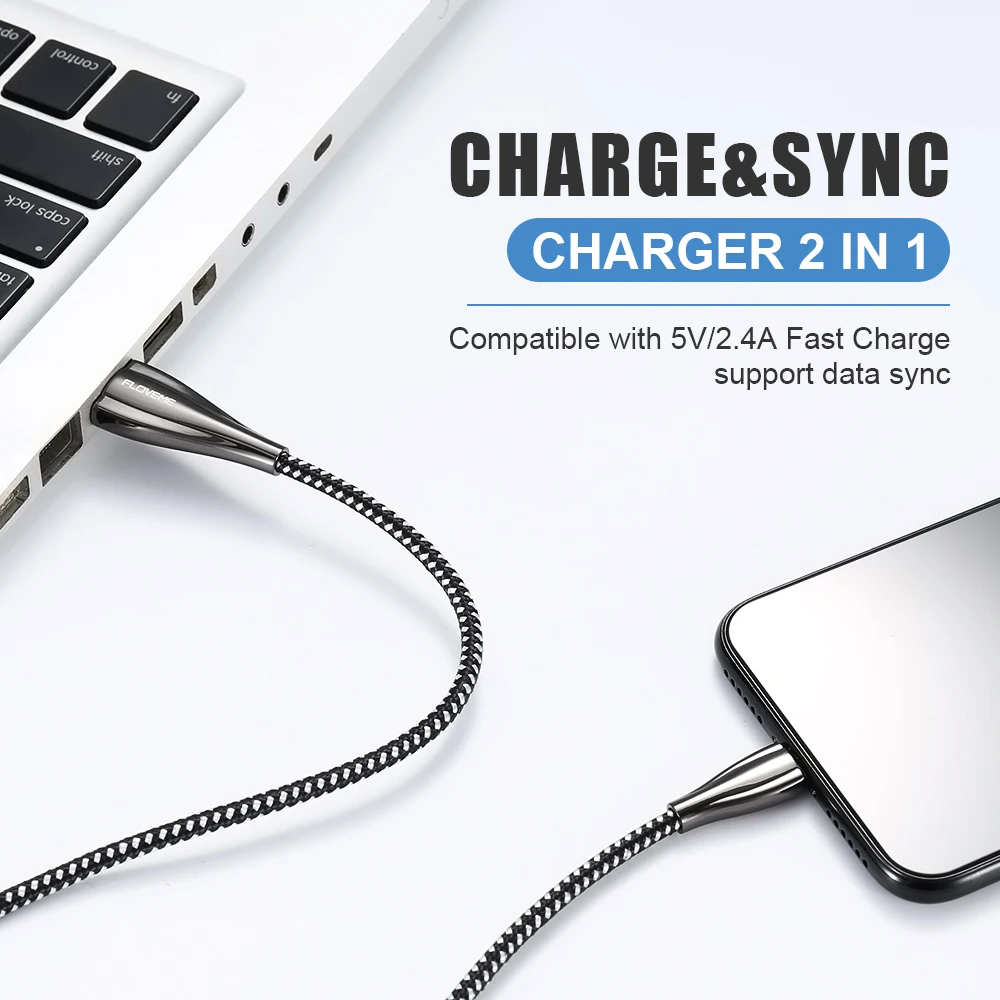 FLOVEME USB кабель для iPhone 8X7 Plus 9 6 6 S 5 S 5 SE 2.4A Быстрая зарядка оплетка из цинкового сплава зарядное устройство для мобильного телефона USB кабель для передачи данных