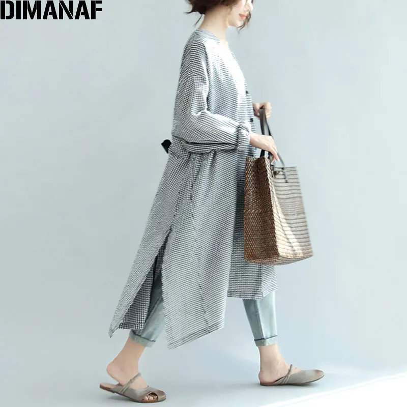 DIMANAF, женское платье, осень размера плюс, льняные пояса, Femme, элегантное, v-образный вырез, крыло летучей мыши, черный, в клетку, с принтом, Свободный кардиган,, длинное платье