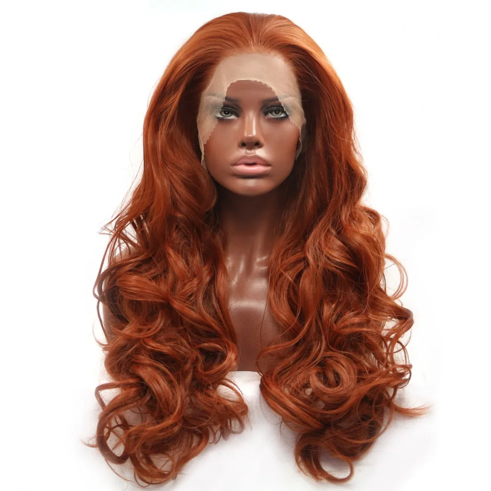 BESTUNG Glueless Copper Red Long Natural Wavy Free Part Lace Front Wigs Heat Resistant Synthetic Hair Wig for Women