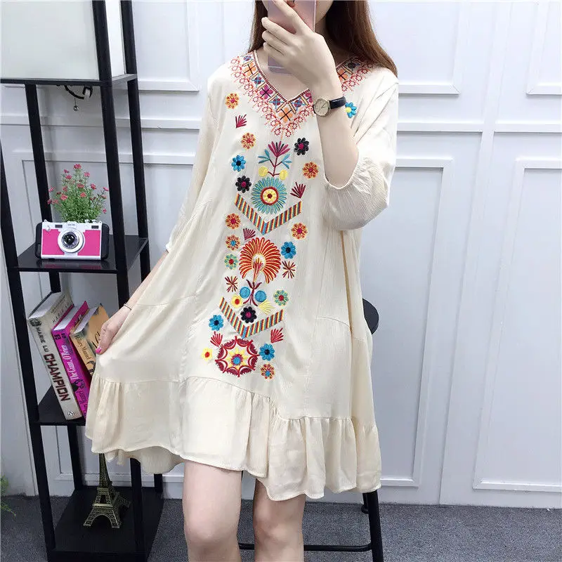 Богемное пляжное платье с вышивкой винтажное этническое женское цветочным