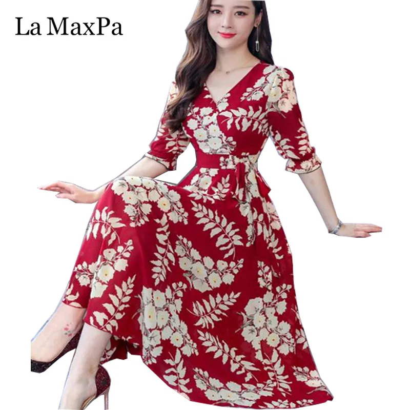 High Quality Plus Size Fashion Autumn New Arrival Collect Waist 3/4 Sleeve FeatherPrinting Woman Long V Neck Chiffon Dress
