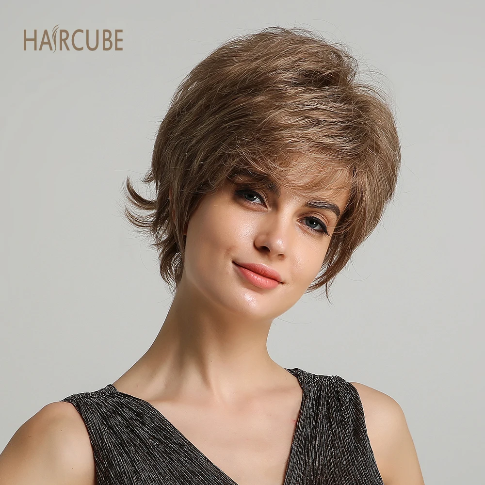 Haircube " короткий синтетический женский парик с боковой челкой смешанные 50% настоящие человеческие волосы естественный вид и длительный стиль