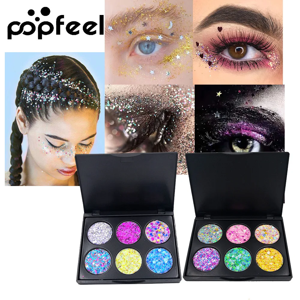 Popfeel 6 цветов блеск и мерцающая палитра алмазные блестящие пигментированные тени для век прессованная пудра тени для век Палитра макияжа TSLM1