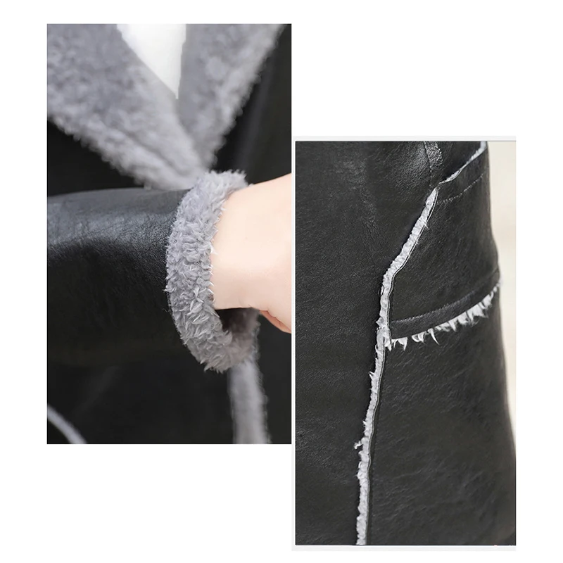 Женская длинная куртка из ПУ кожи теплая овчины и ягненка Осень зима|leather jacket