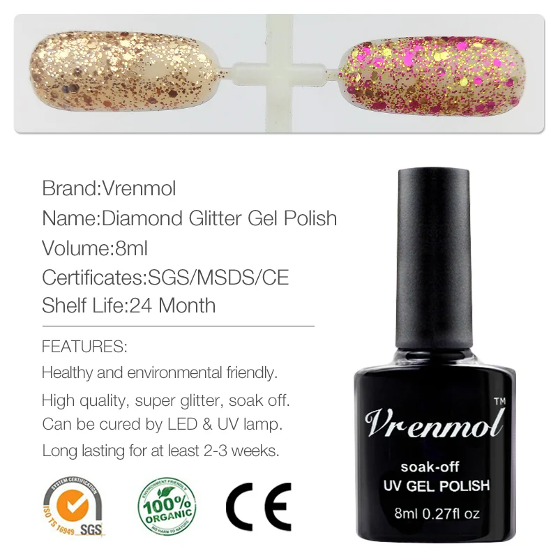 Vrenmol долговечный бриллиантовый блеск с ультрафиолетовым свечением Гель-лак для